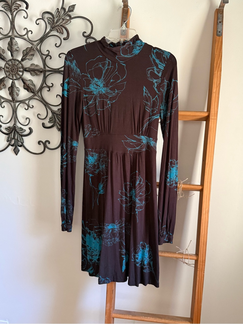 Molly B Black Long-Sleeve Dress with Teal Floral Print